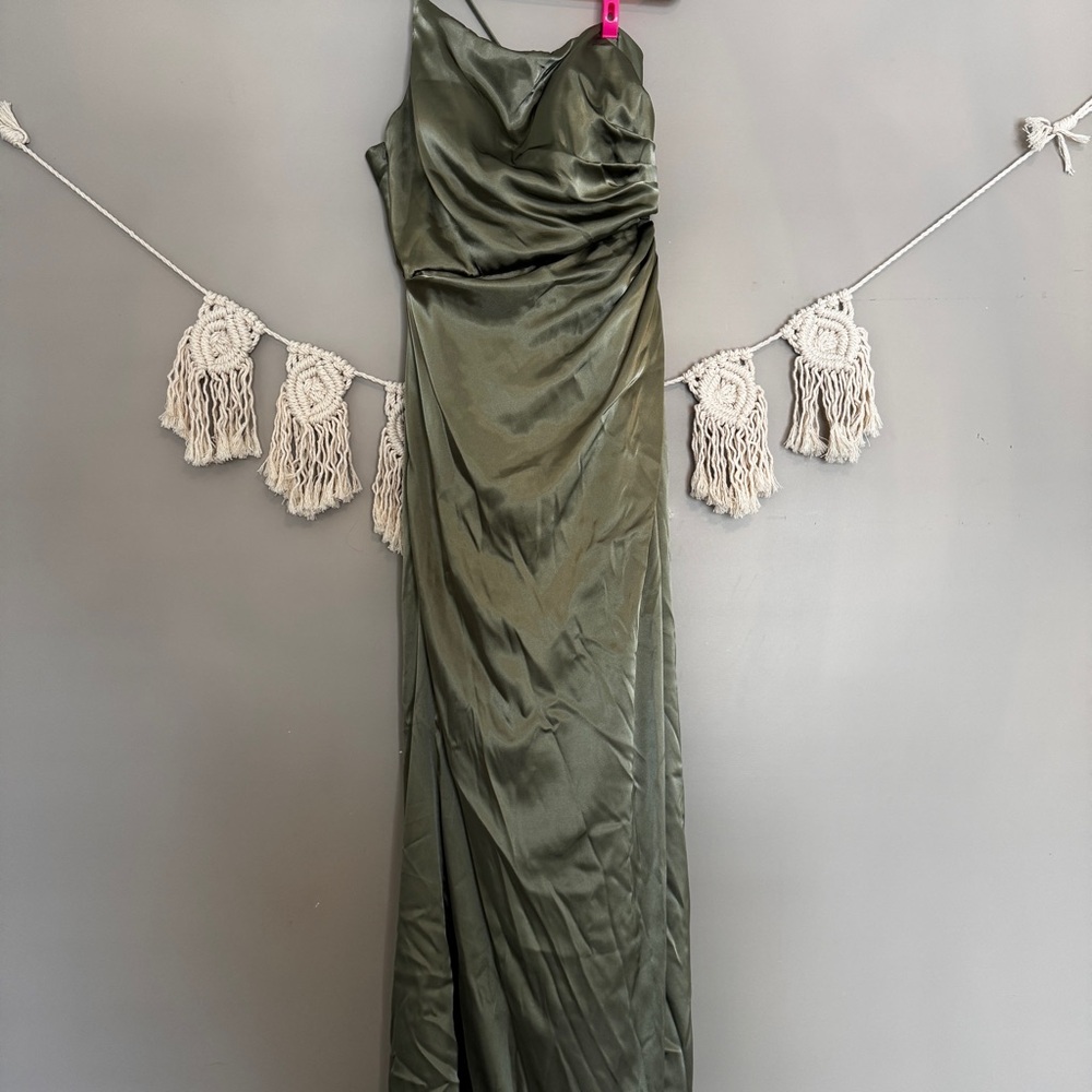 One-Shoulder Olive Green Satin Evening Dress